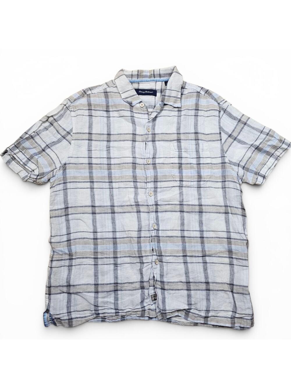 TOMMY BAHAMA %100 Linen Plaid Button Down Shirt Men's XL Coastal Summer Resort